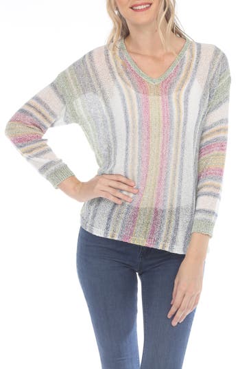 RAIN AND ROSE RAIN AND ROSE STRIPE V-NECK LONG SLEEVE OPENWORK KNIT TOP 
