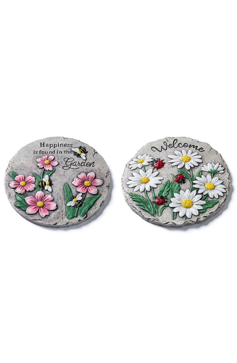 Glitzhome Set of 2 Cement Flower Textured Stepping Stones, Alternate, color, Grey
