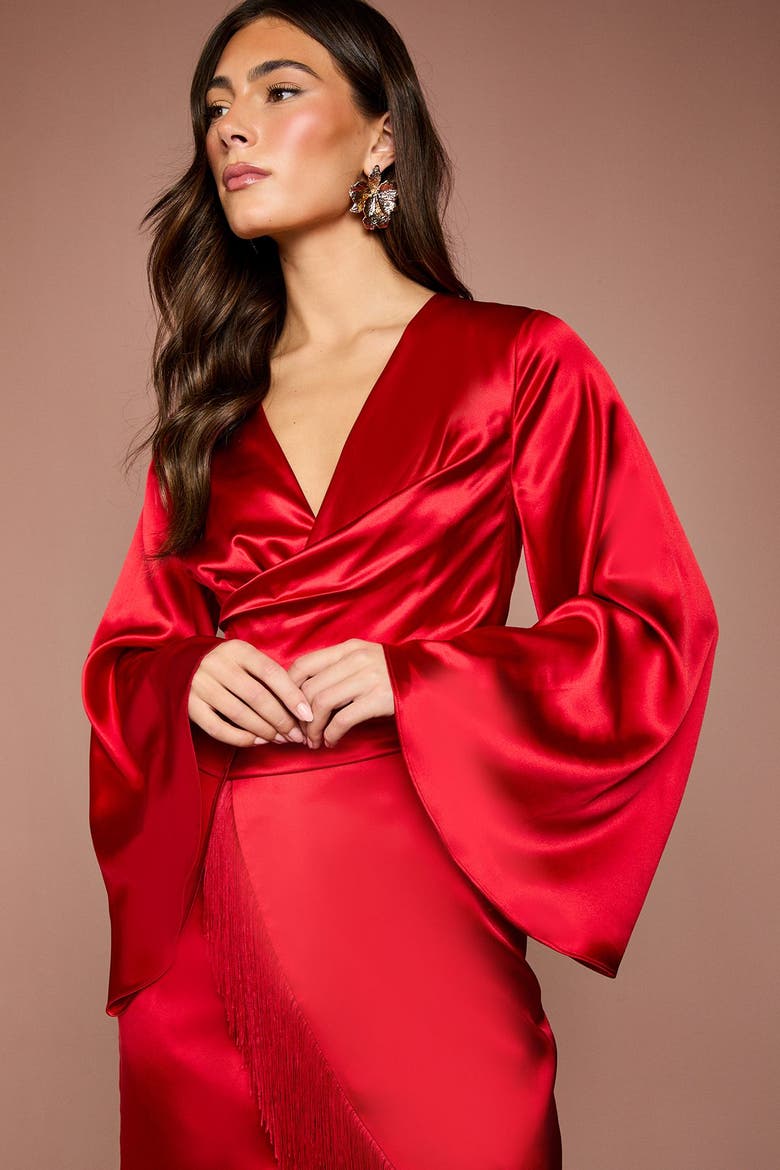 Satin Fringed V-Neck Wrap Dress, Alternate, color, Red