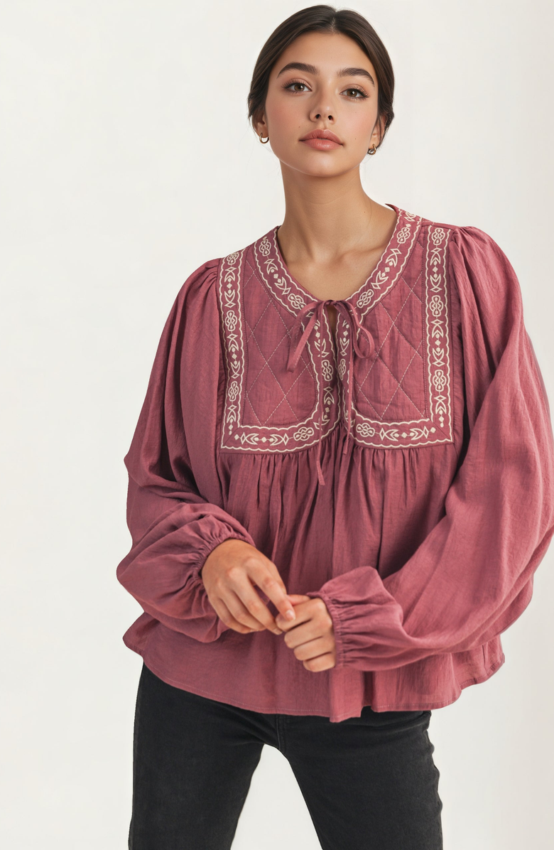 Knit and Lounge Embroidered Yoke Tie Neckline Flowy Long Sleeve Blouse, Main, color, Mauve / Dusty Pink