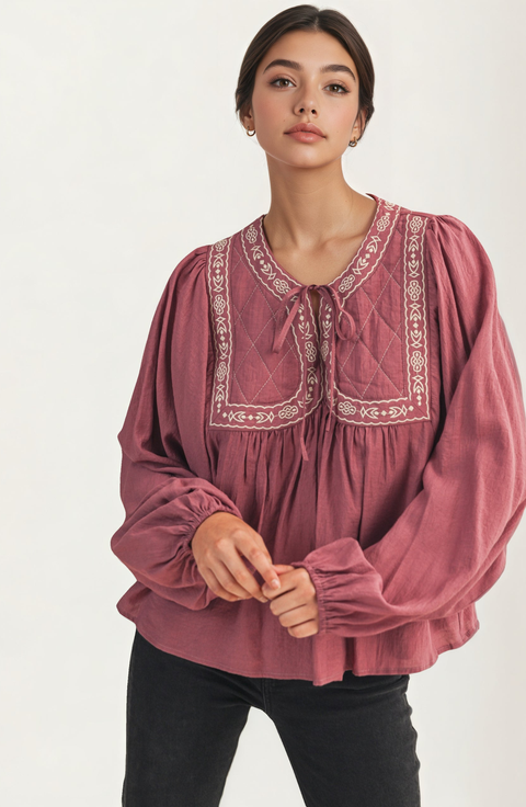 Embroidered Yoke Tie Neckline Flowy Long Sleeve Blouse