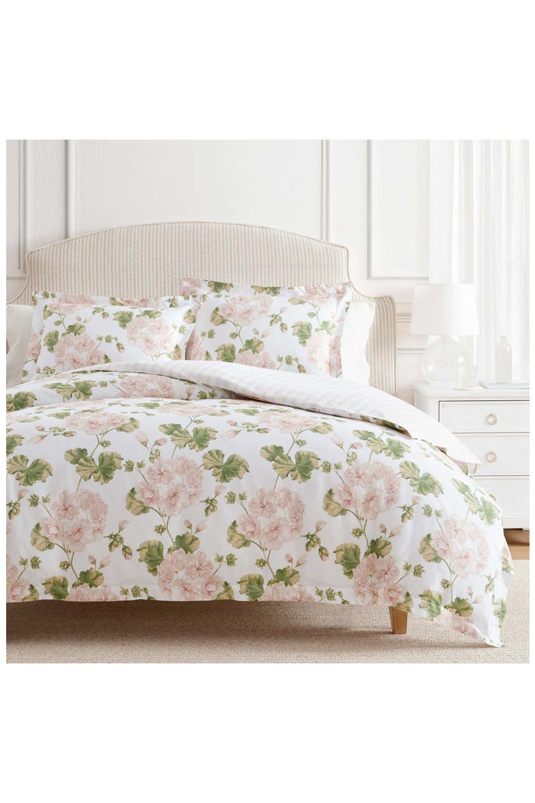 Geranium Bloom Cotton Sateen Duvet Set, Alternate, color, WHITE/ SOFT PINK/ GREEN