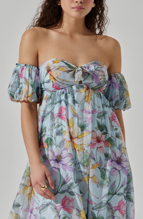 Astr The Label Floral Off The Shoulder Midi Dress In Blue Multi Tropical