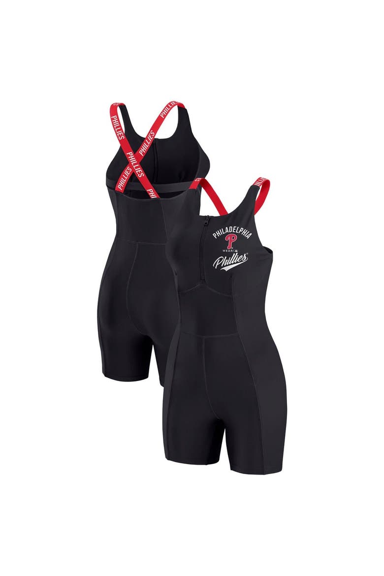 Women's WEAR by Erin Andrews  Black Philadelphia Phillies Bodycon Quarter-Zip Romper, Main, color, Black