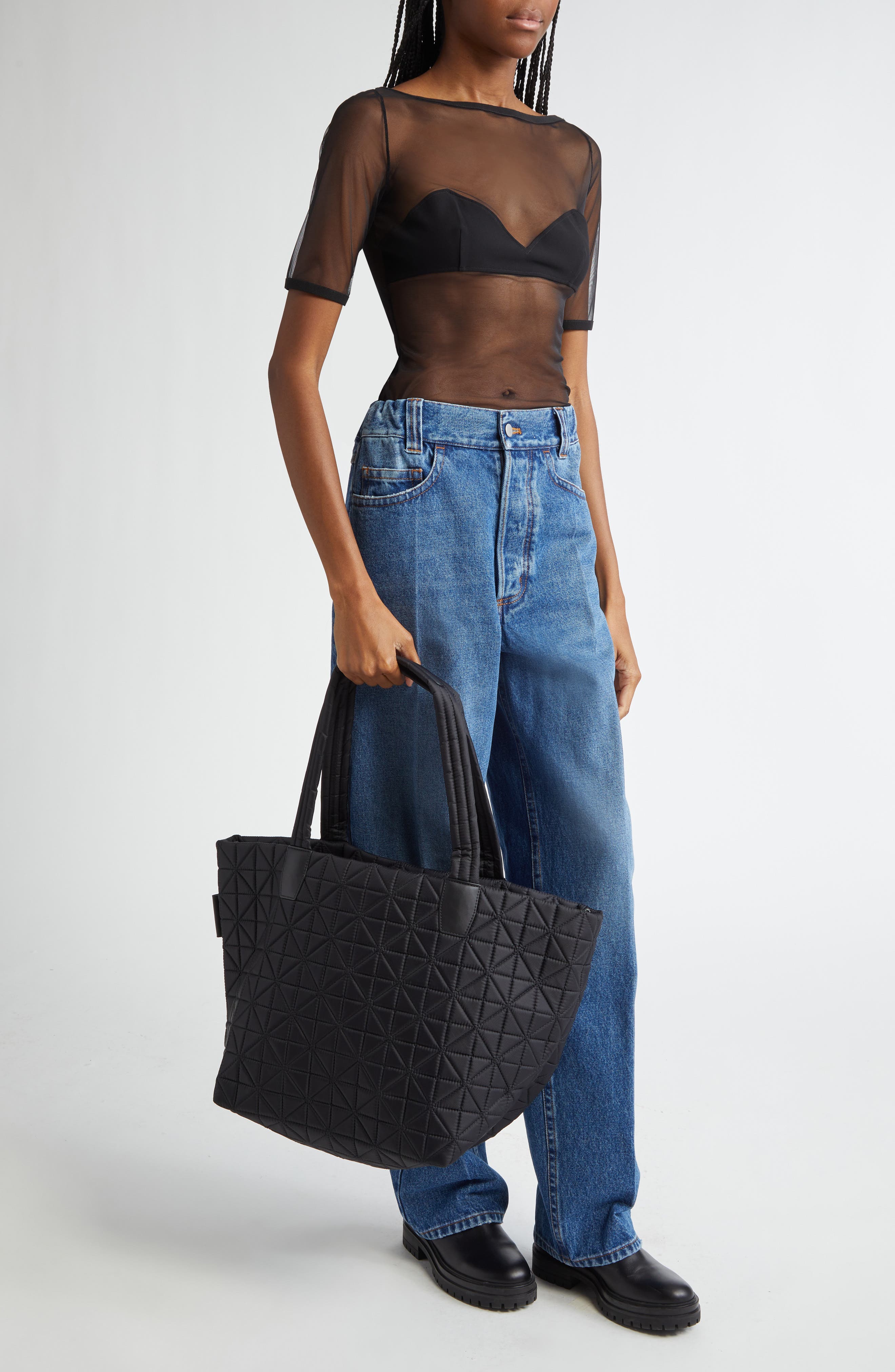 VeeCollective Medium Vee Quilted Recycled Nylon Tote, Alternate, color, Black