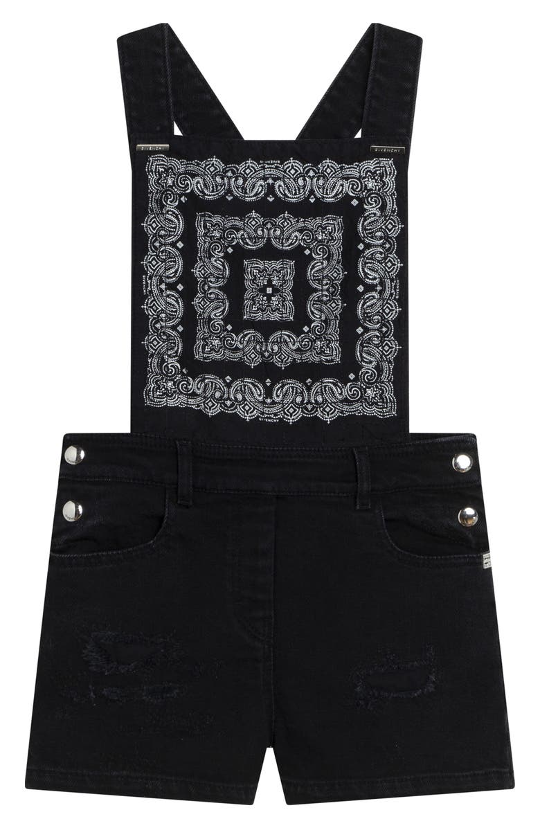 GIVENCHY KIDS Kids' 4G Bandana Print Distressed Denim Overalls, Main, color, Z11-Denim Black