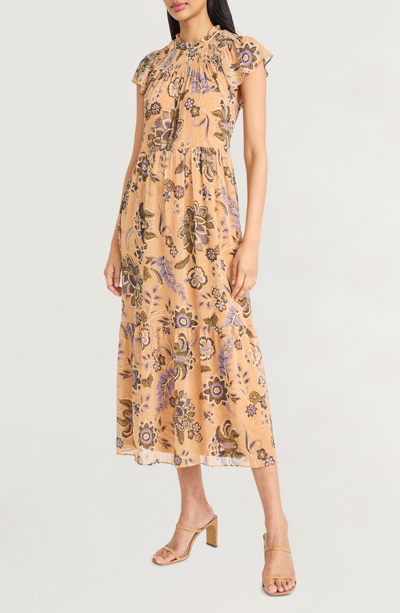 The Good Journey Smocked Flutter Sleeve Midi Dress, Alternate, color, 