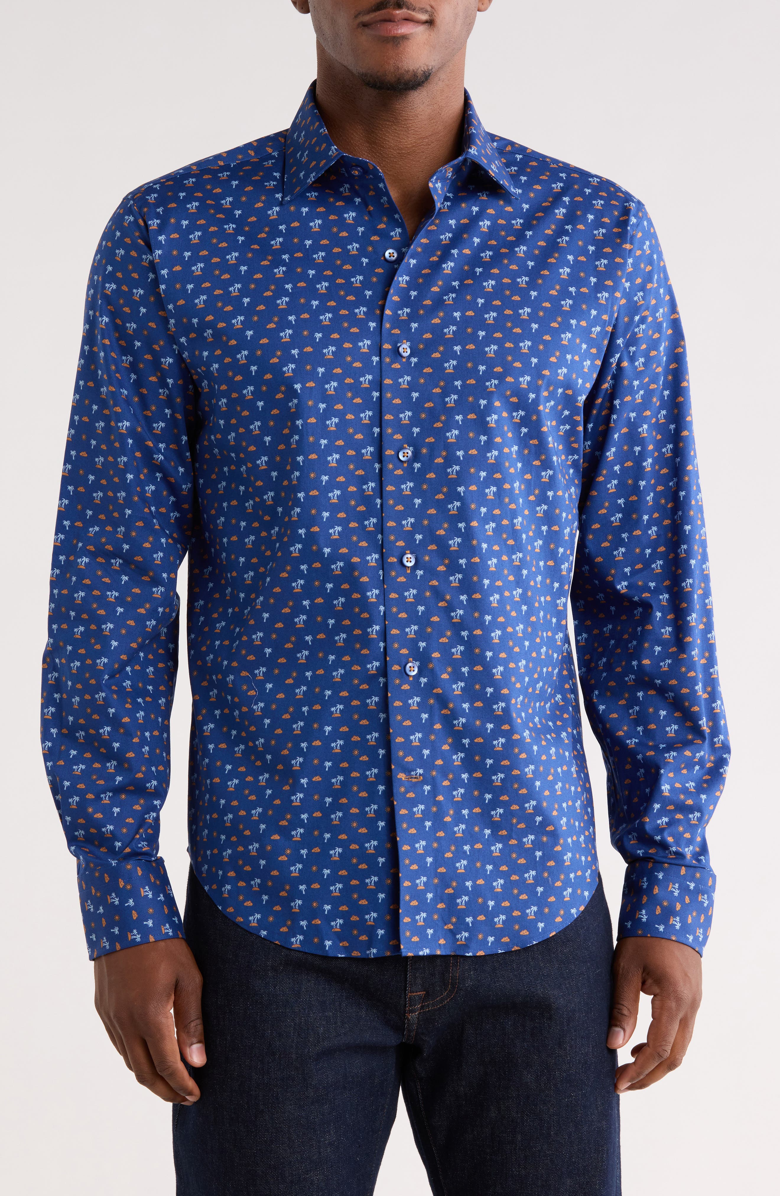 Lorenzo Uomo Trim Fit Palm Print Stretch Cotton Dress Shirt