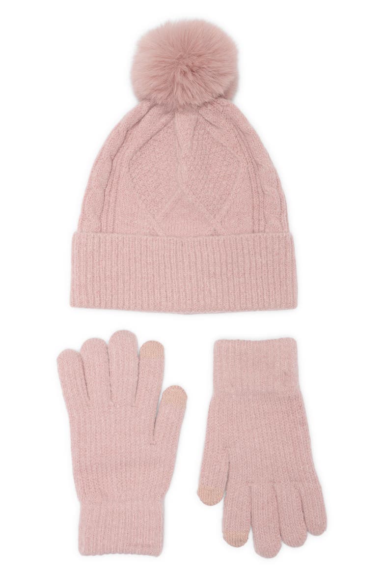 Diamond Stitch Beanie and Gloves Set, Main, color, ROSE
