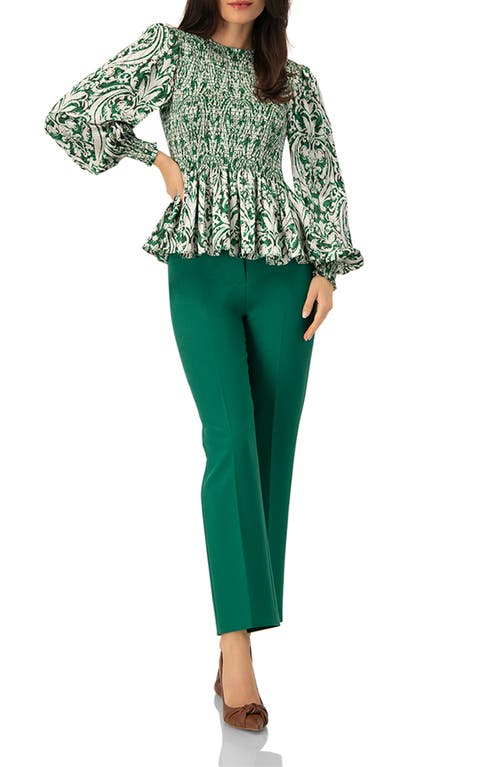 Ivonne Green Baroque Print Smocked Peplum Blouse In Green