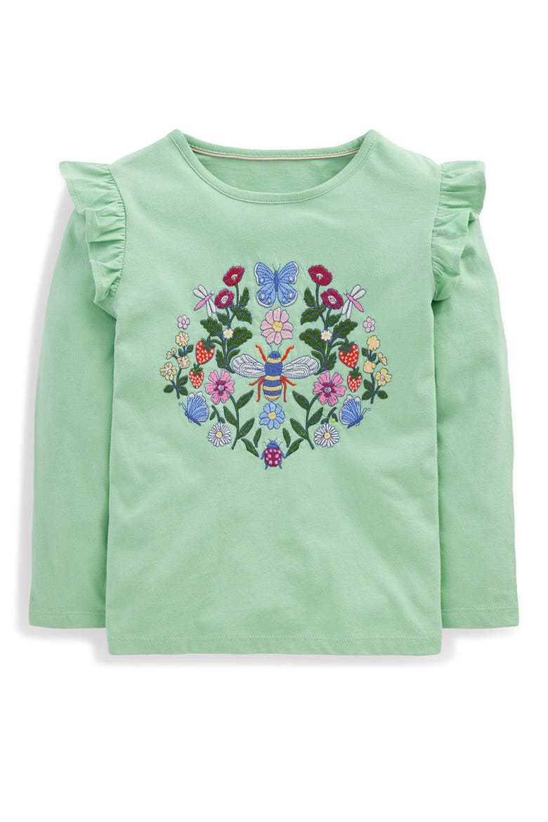 Kids' Ruffle Embroidered Long Sleeve T-Shirt, Main, color, PISTACHIO GREEN BEE