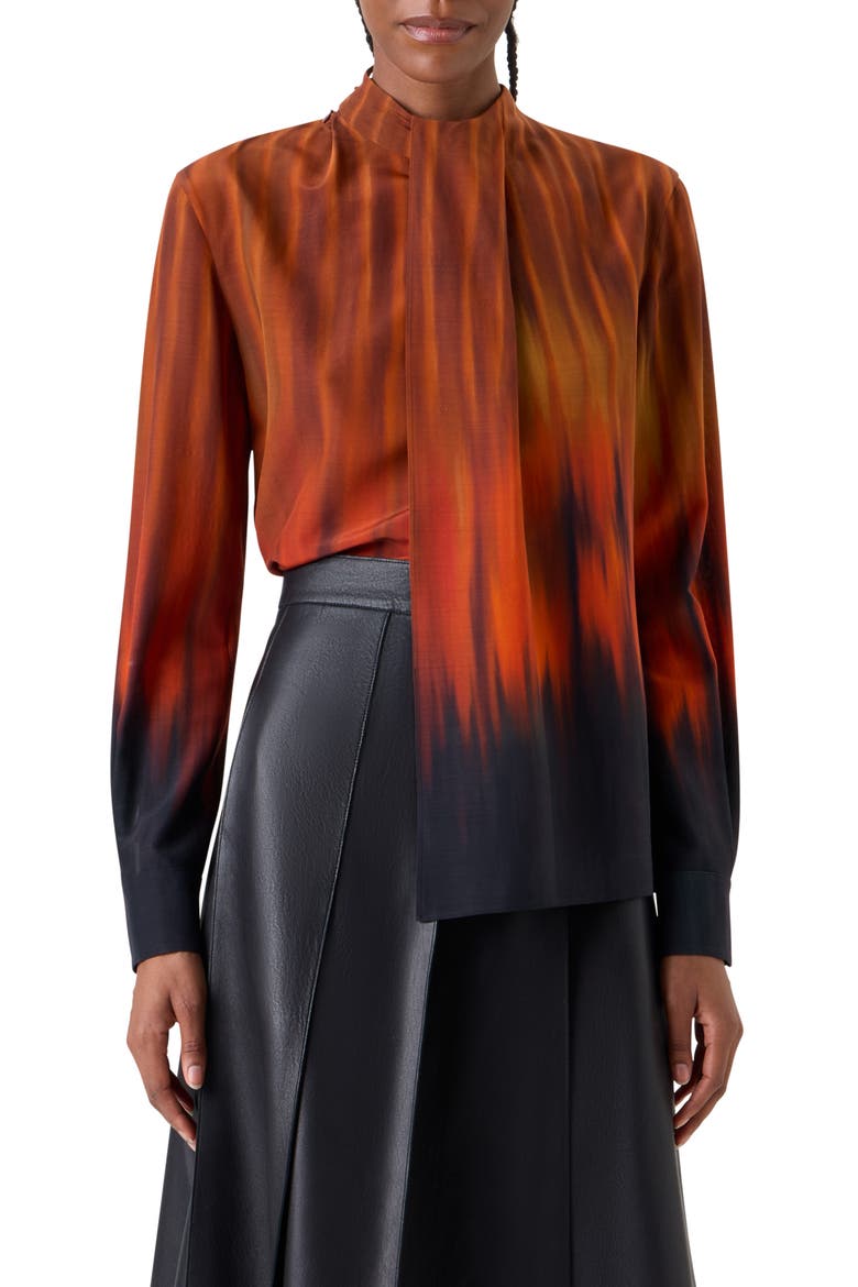 Fuego Print Silk Crepe Top, Main, color, COFFEE-VICUNA