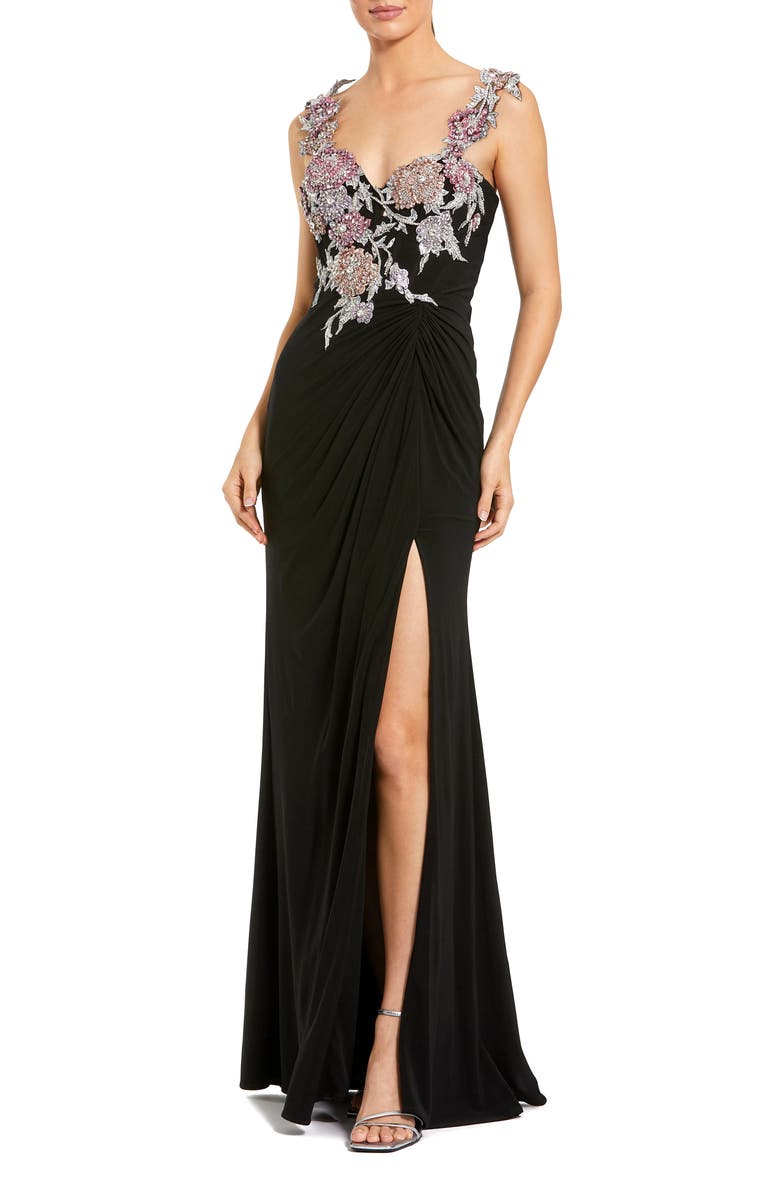 Mac Duggal Sweetheart Jersey Gown With Beaded Flowers, Main, color, Black Multi