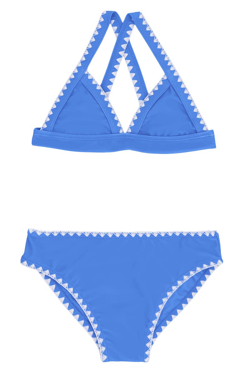 Feather 4 Arrow Kids' Coastline Whipstitch Trim UPF 50+ Two-Piece Swimsuit, Main, color, Blue Jay