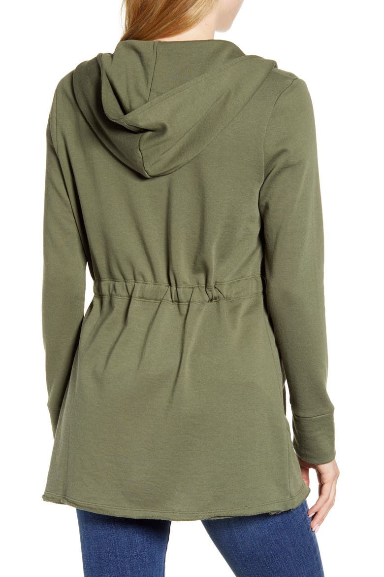 Hooded French Terry Cardigan, Alternate, color, GREEN BEETLE