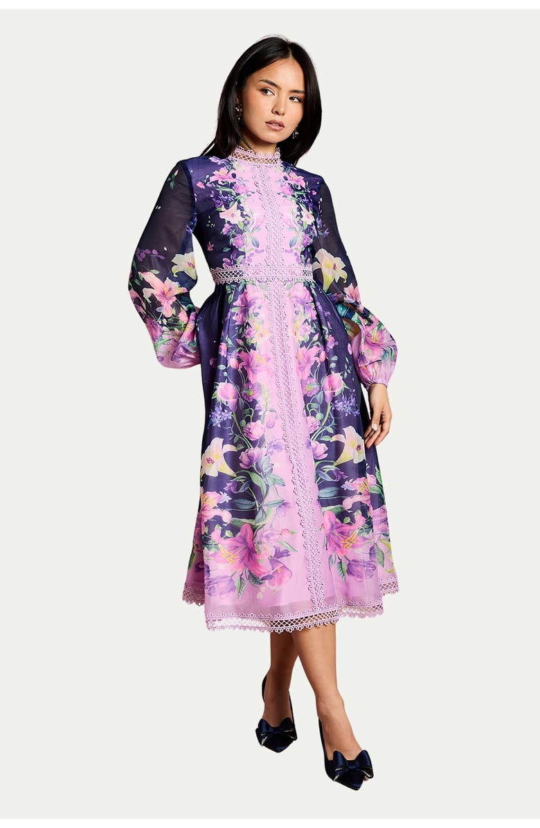 Coast Petite Organza Lace Trim Midi Dress, Main, color, Navy