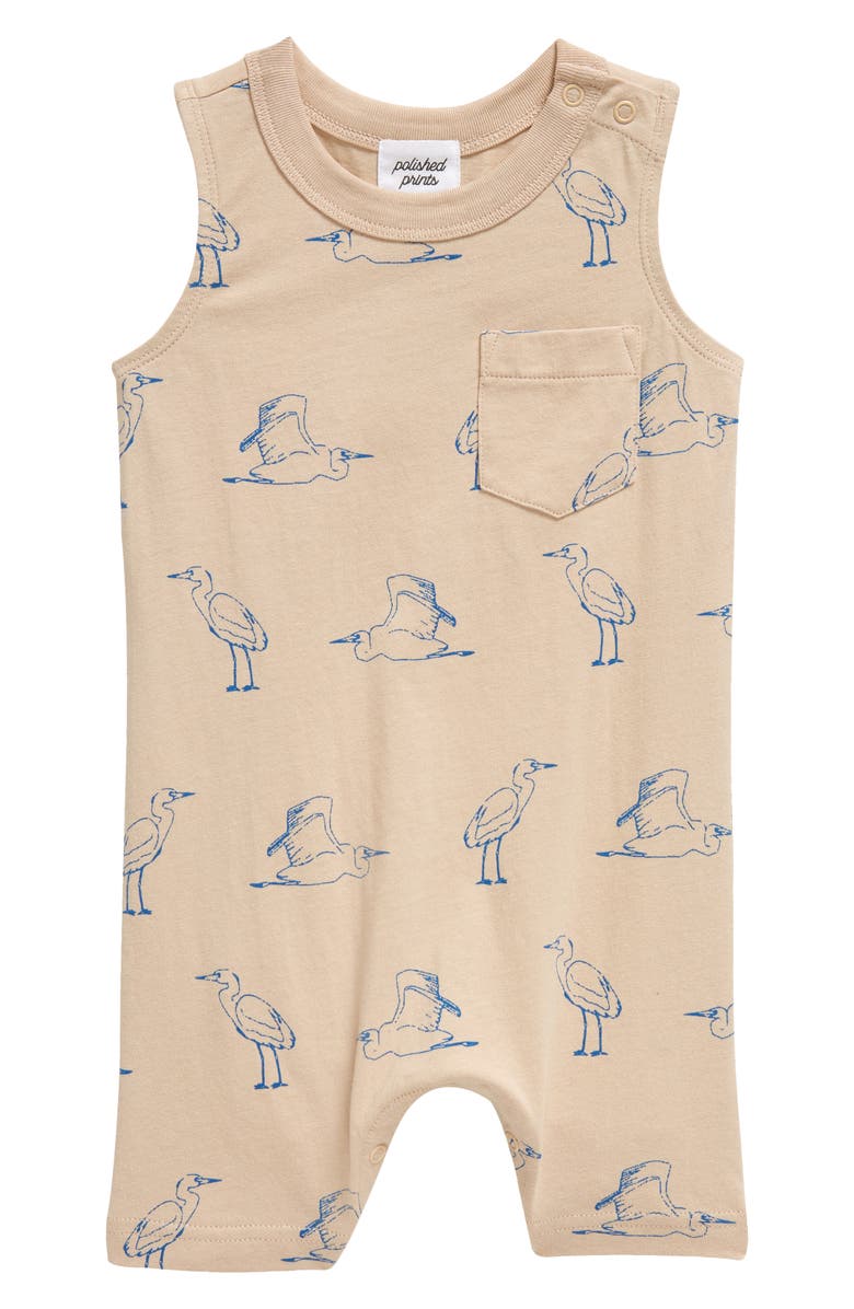 POLISHED PRINTS Egret Print Organic Cotton Pocket Romper, Main, color,