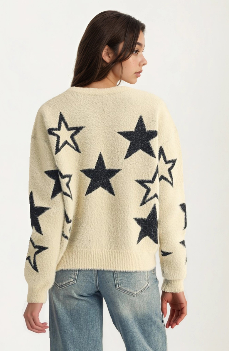 Knit and Lounge Cozy Soft Knit Relaxed Fit Star Pattern Sweater, Alternate, color, Beige