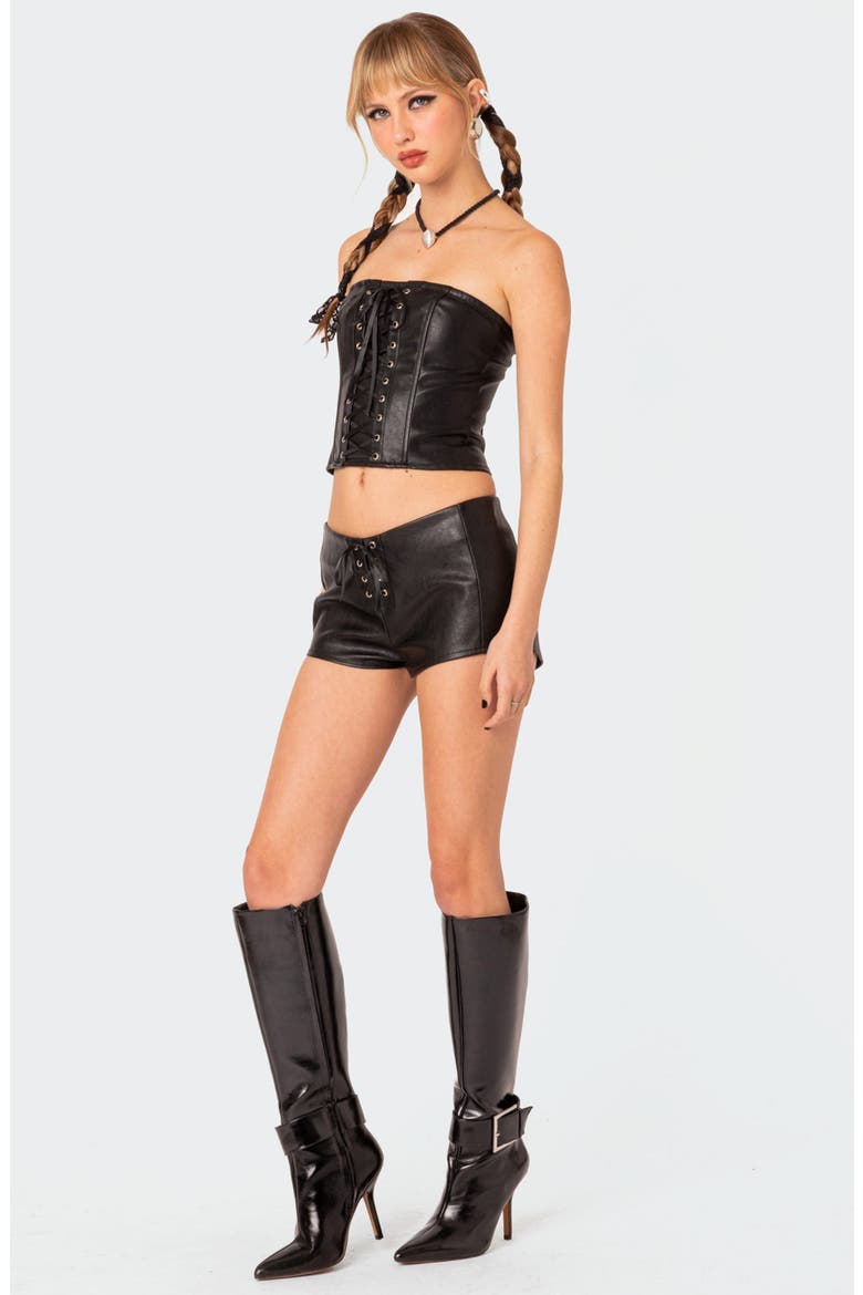 Wilde Lace Up Faux Leather Shorts, Alternate, color, BLACK