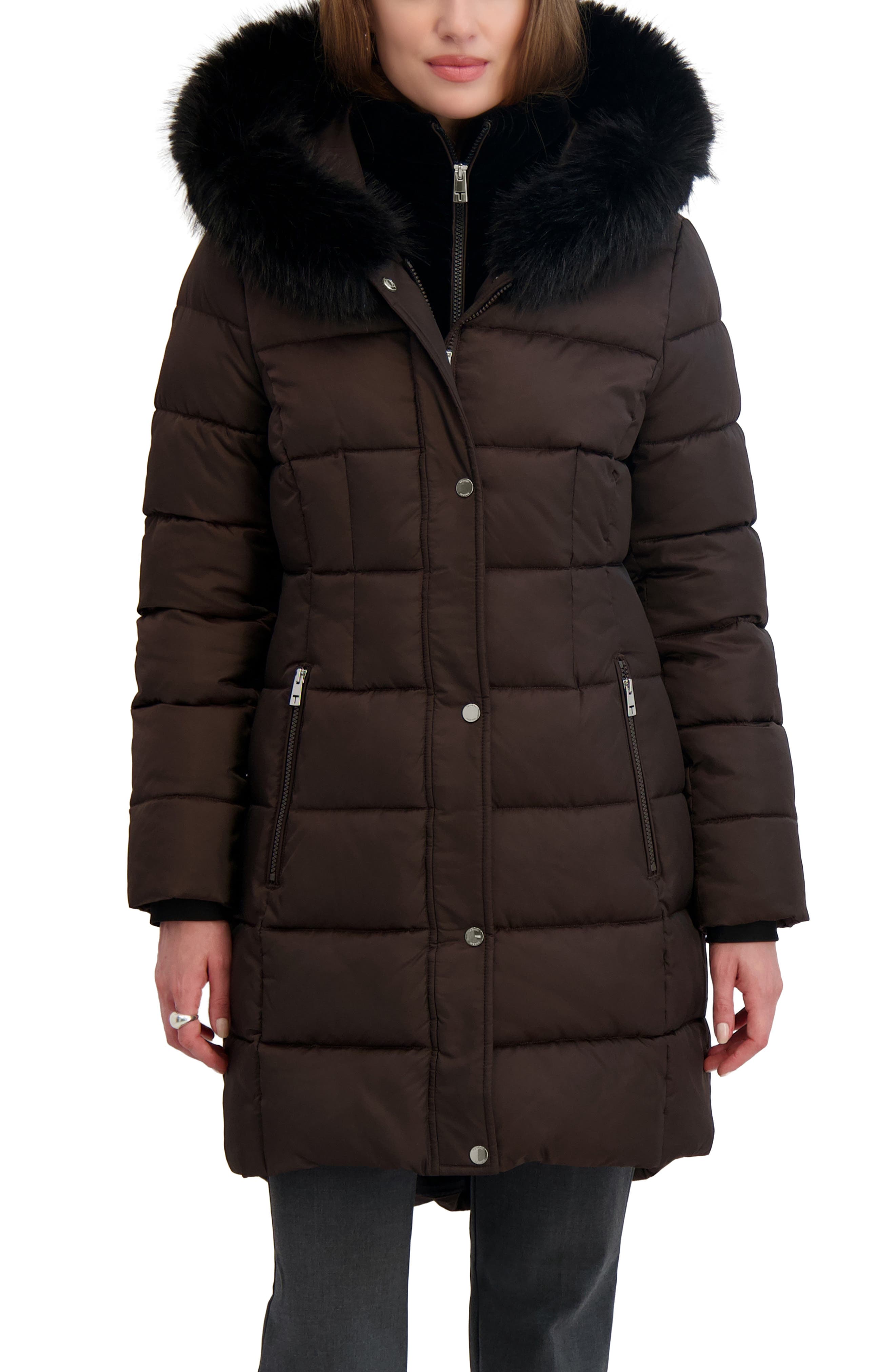 Tahari Dana Puffer Coat with Faux Fur Trim