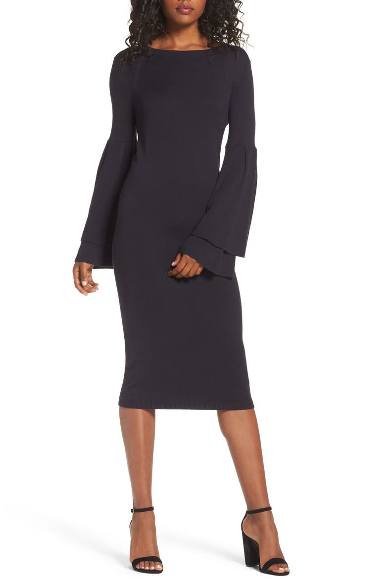 Bell Sleeve Sweater Dress, Main, color, NAVY WELL