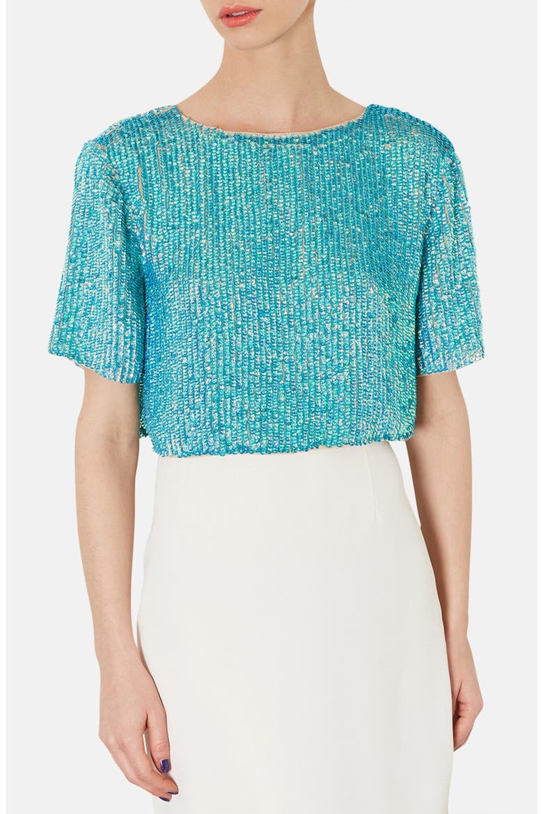 Sequin Split Back Tee, Main, color, BLUE
