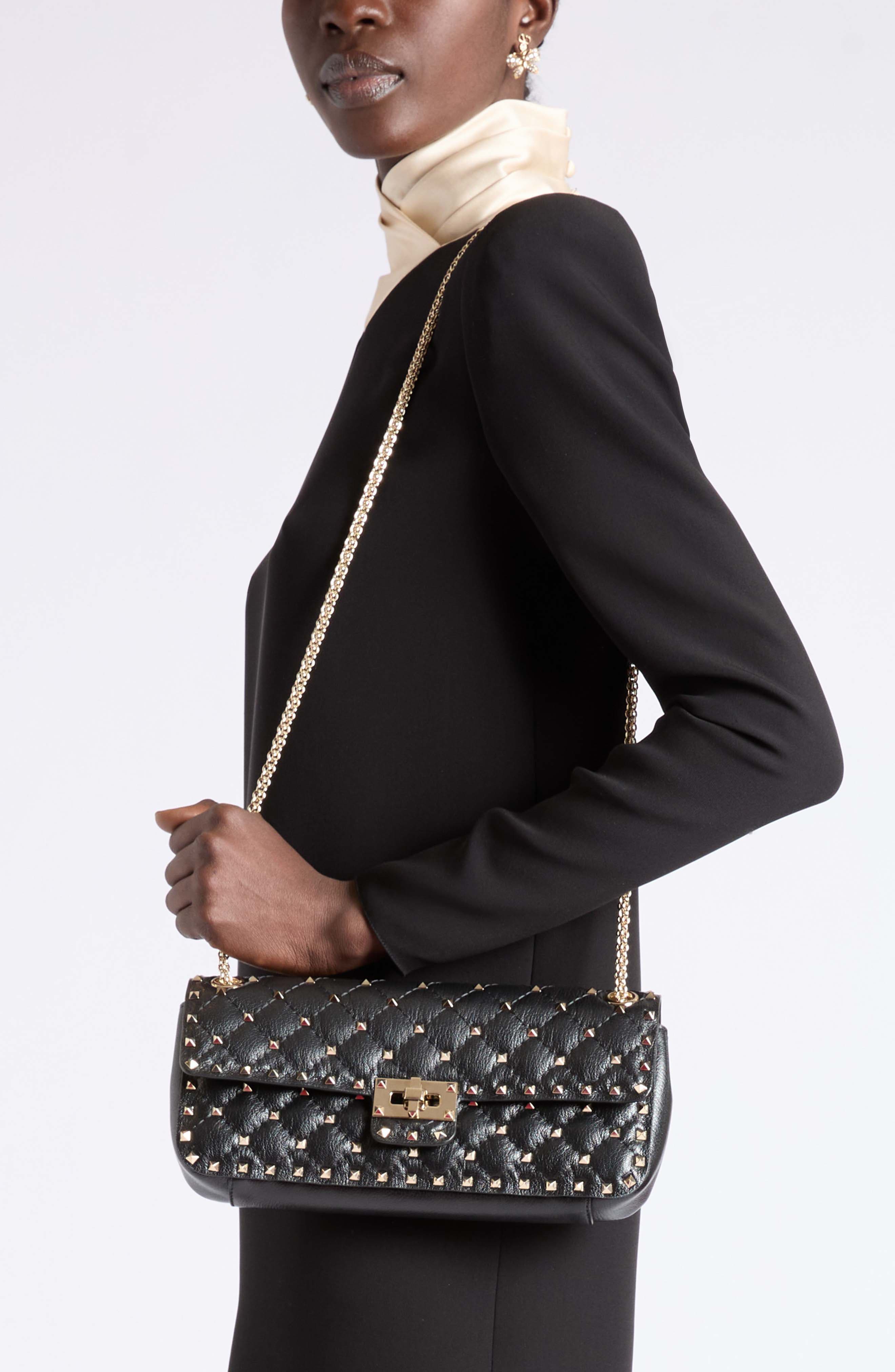 Rockstud Small Leather Shoulder Bag, Alternate, color, BLACK