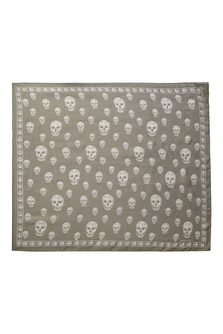 Skull Print Silk Scarf, Main, color, OLIVE