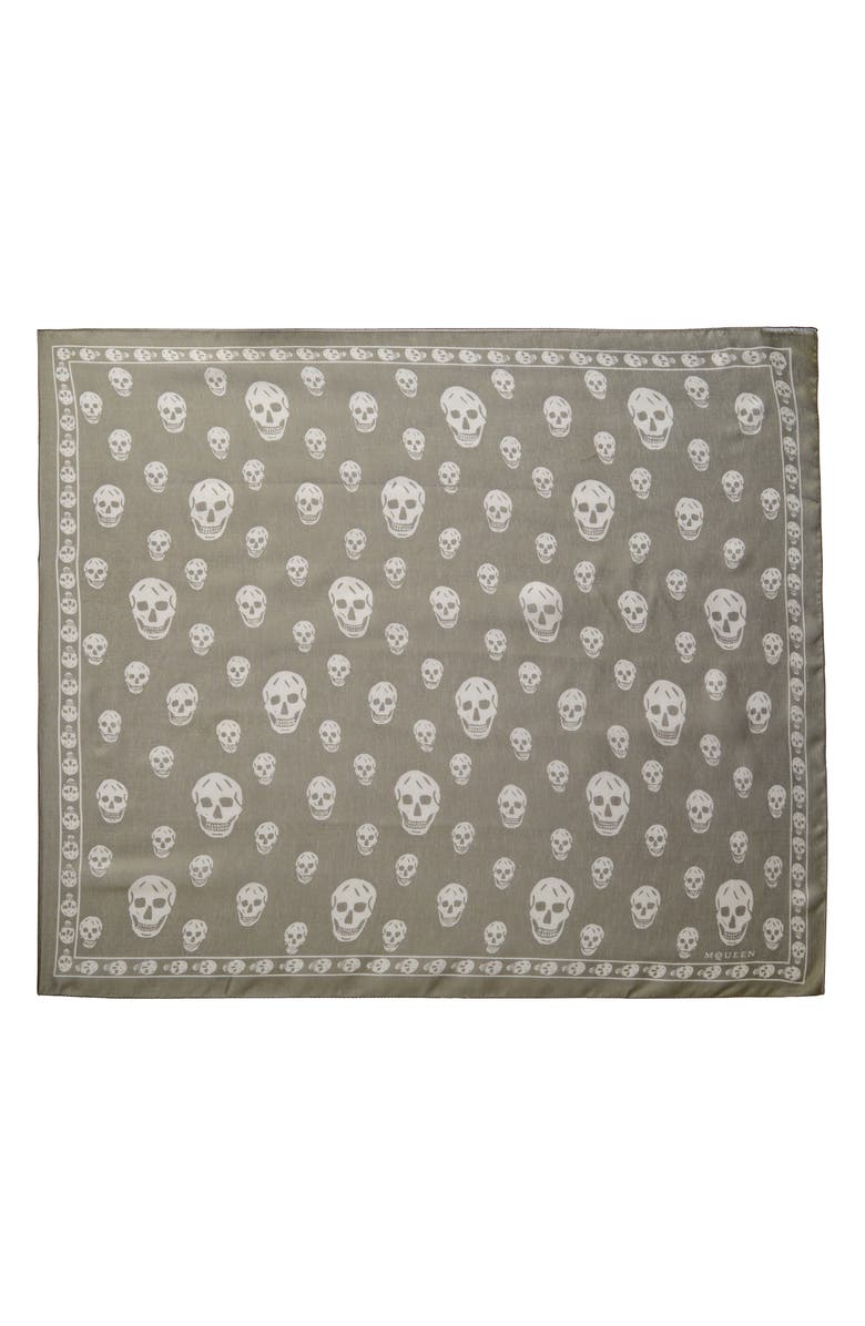 McQueen Skull Print Silk Scarf, Main, color, Olive