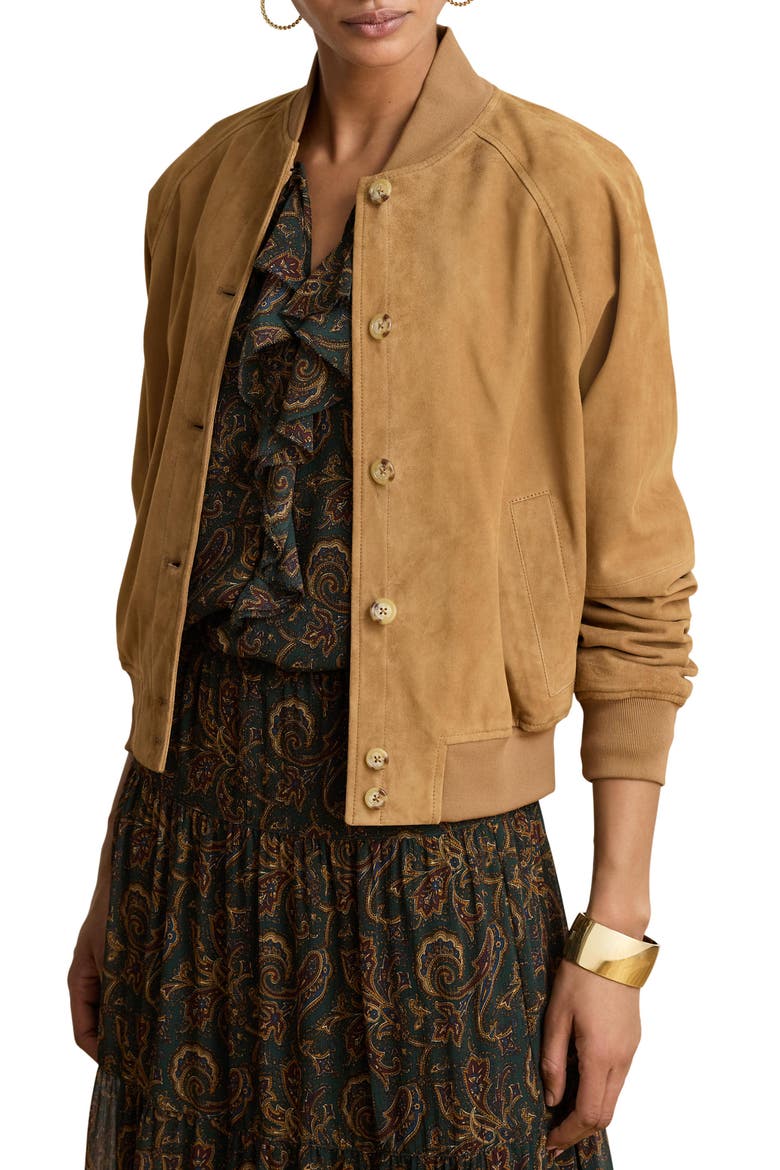 Suede Bomber Jacket, Main, color, CAMEL BEIGE