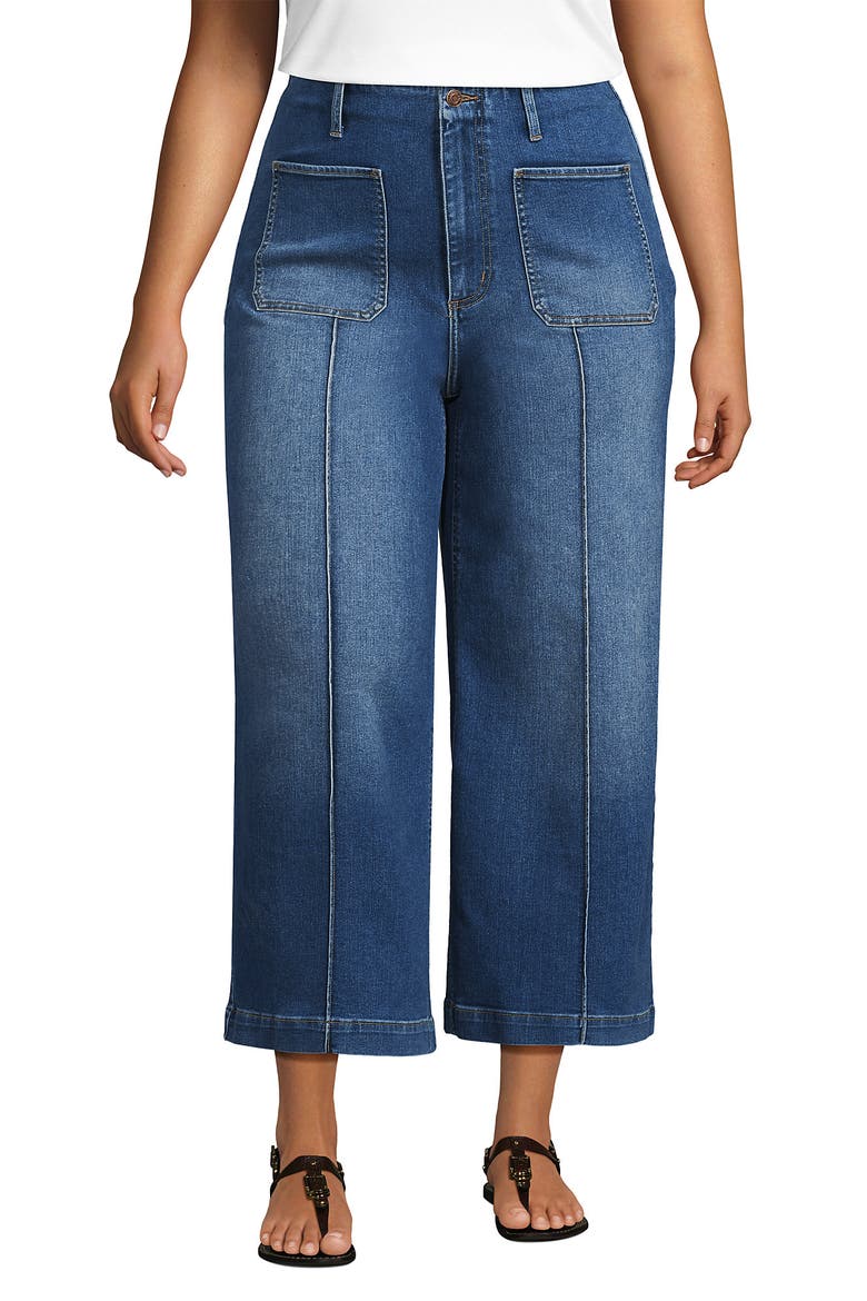Plus Size Recover Denim High Rise Patch Pocket Extra Wide Leg Crop Jeans, Main, color, Indigo Tide Blue