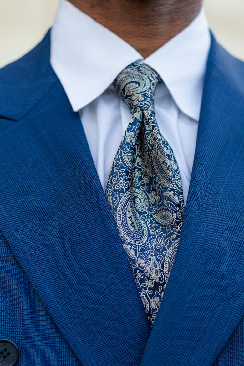 Donatello - Extra Long Silk Jacquard Tie for Men, Main, color, Navy and Pewter
