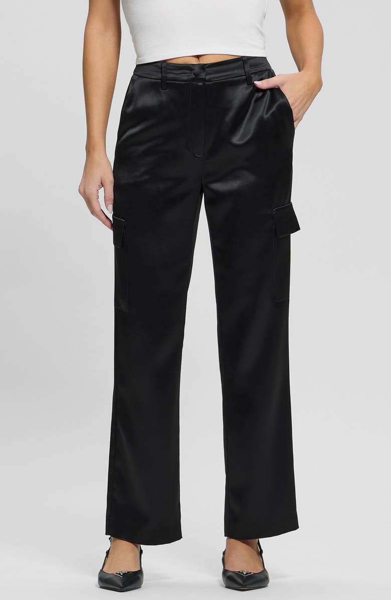 GUESS Megan Satin Cargo Pants, Main, color, Jblk-Black