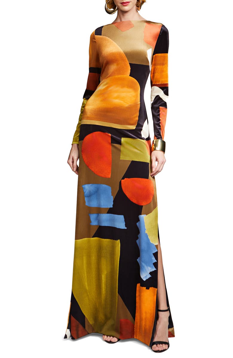 HALSTON Rekha Geo Print Long Sleeve Velvet Gown, Main, color,