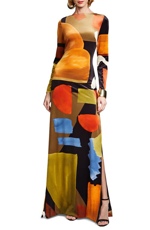 HALSTON Rekha Geo Print Long Sleeve Velvet Gown in Abstract Shapes 