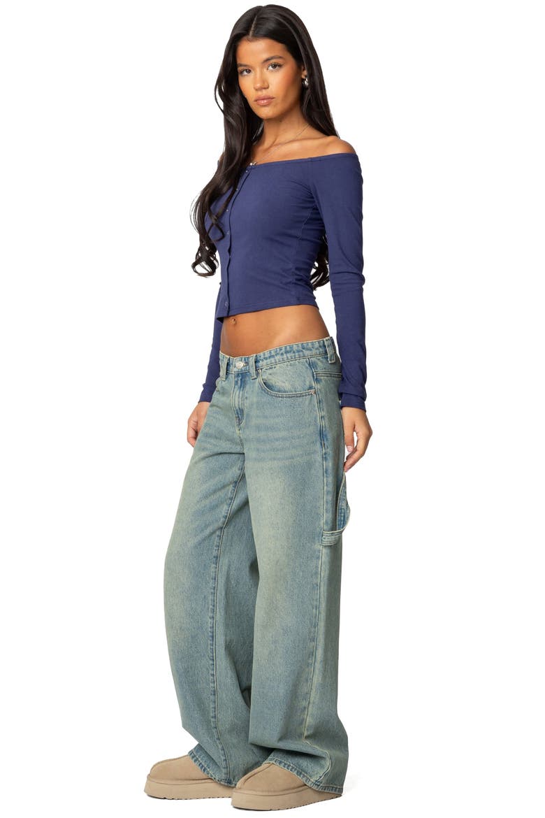 Off the Shoulder Long Sleeve Snap-Up Top, Alternate, color, NAVY