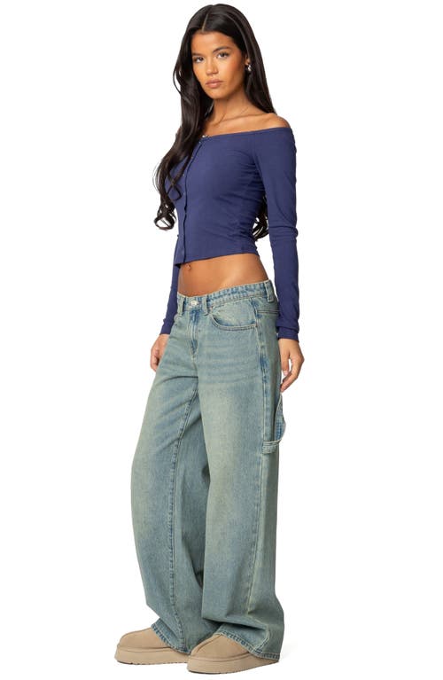 Edikted Off The Shoulder Long Sleeve Snap-up Top In Navy