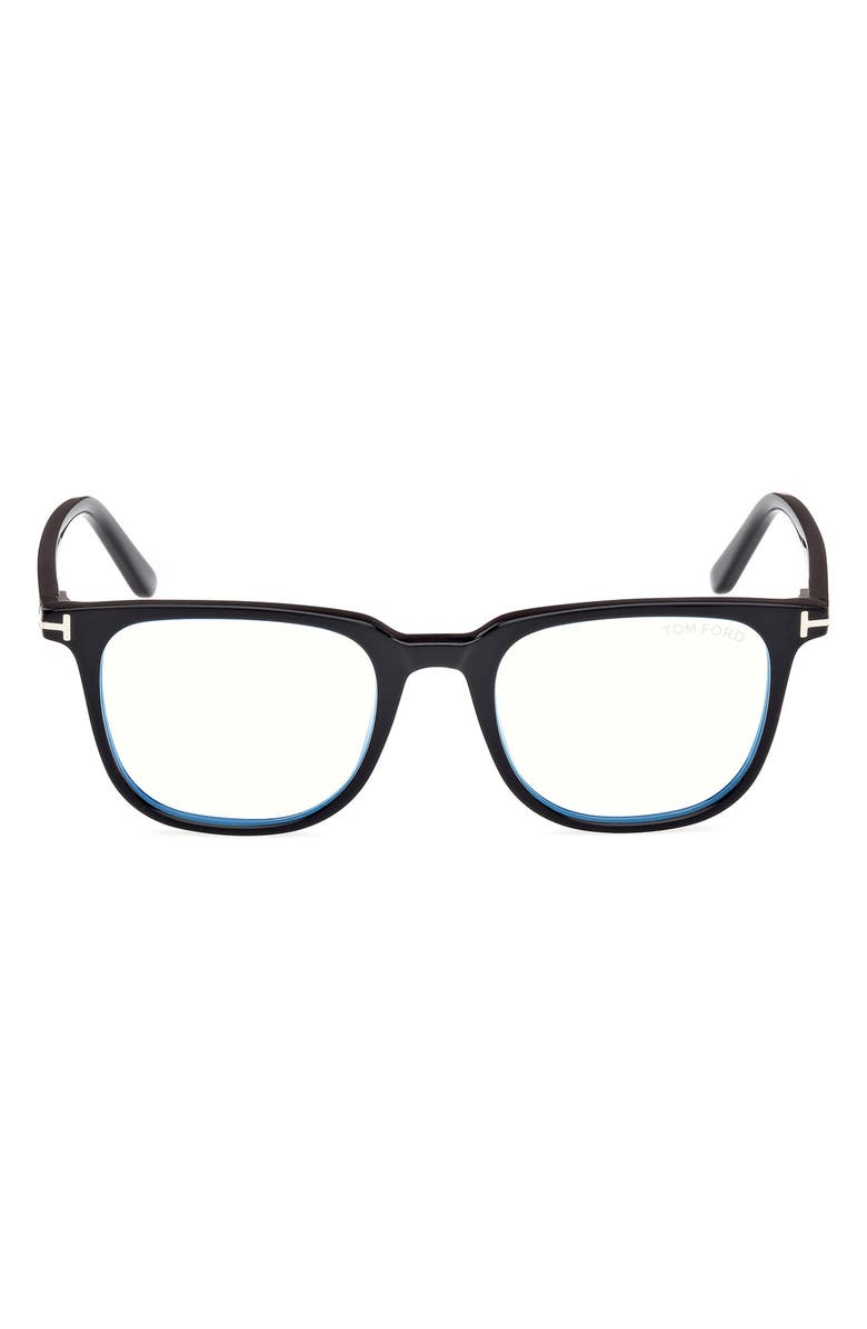 TOM FORD 50mm Square Blue Light Blocking Optical Glasses & Clip-On Sunglasses, Main, color, Black Eco / T Logo