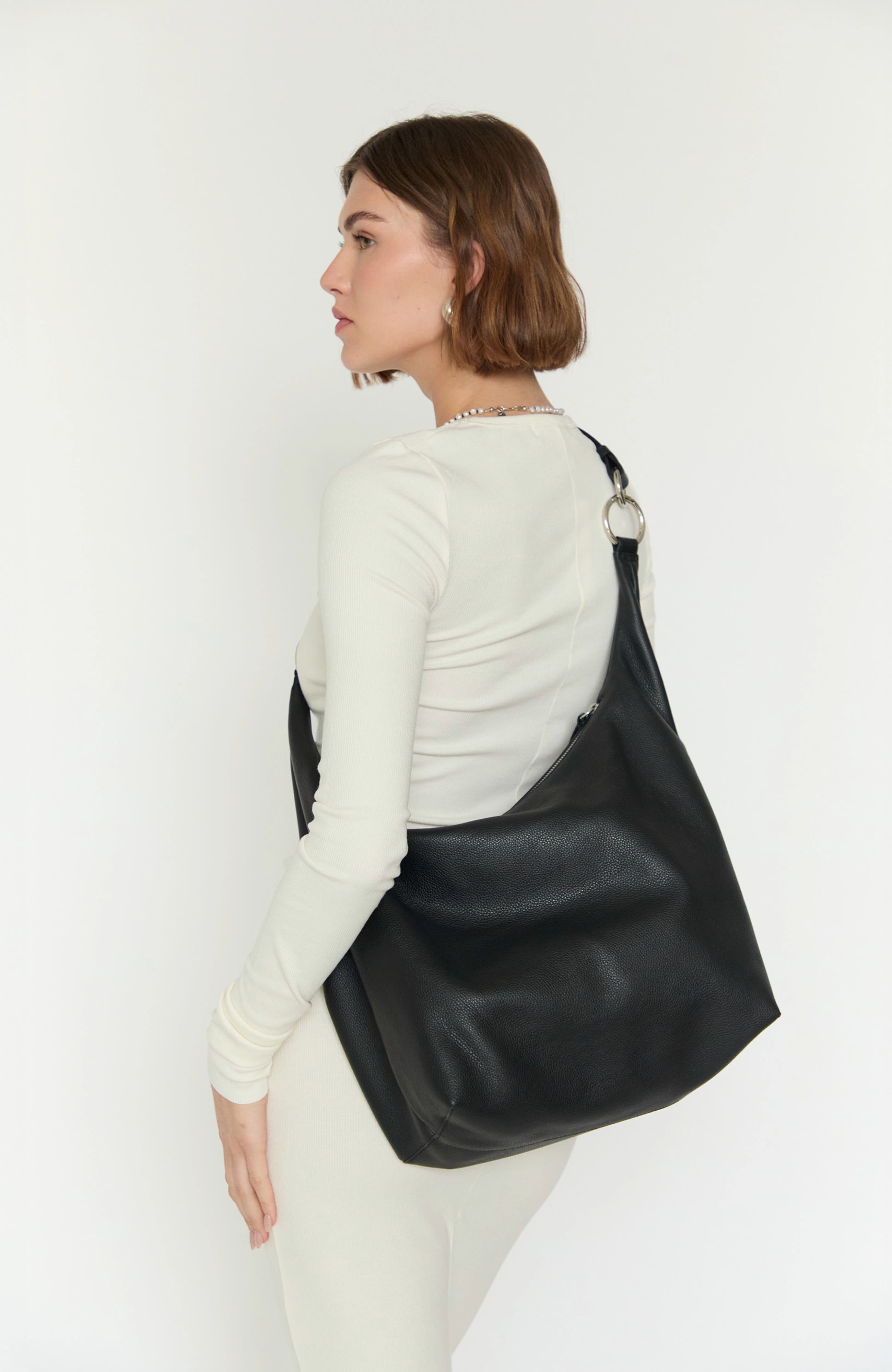 HYER GOODS Leather Convertible Hobo Ring Bag, Alternate, color, Black/Silver