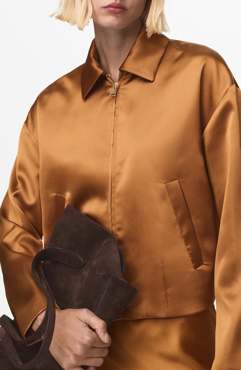 MANGO Front Zip Satin Jacket, Main, color, Cognac