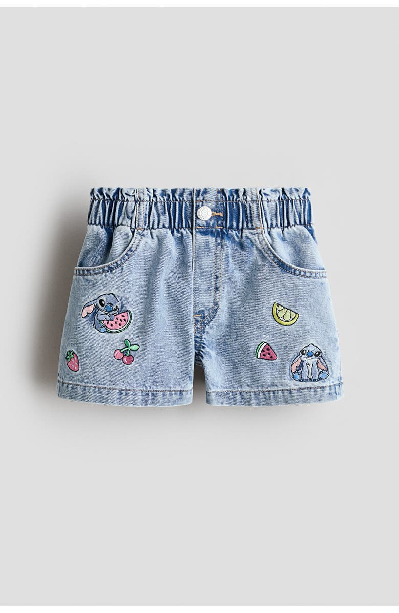 H&M Loose fit denim shorts, Alternate, color, Light Denim Blue/Lilo & Stitch