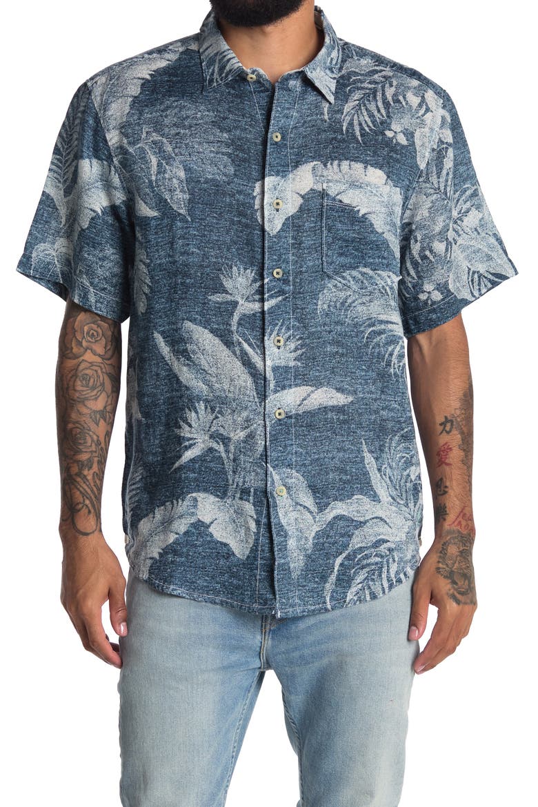 Ombra Palms Short Sleeve Linen Shirt, Main, color, DENIM