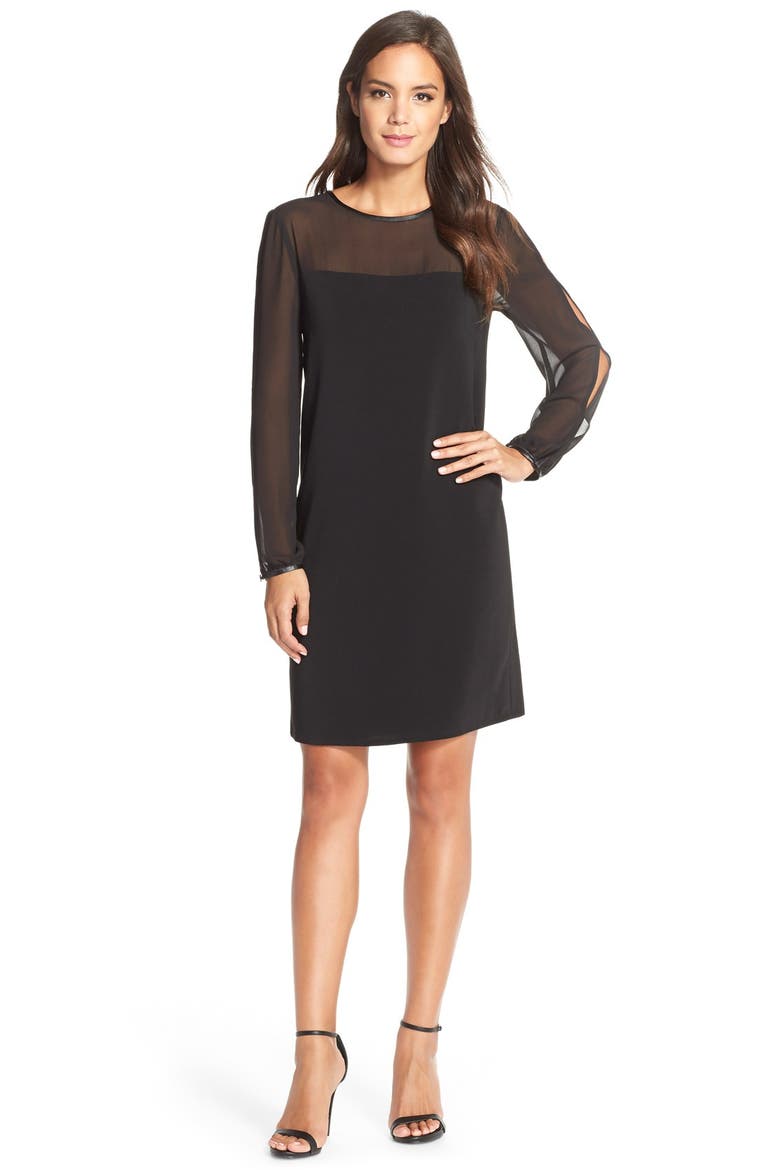 Chiffon & Crepe Shift Dress, Alternate, color, BLACK