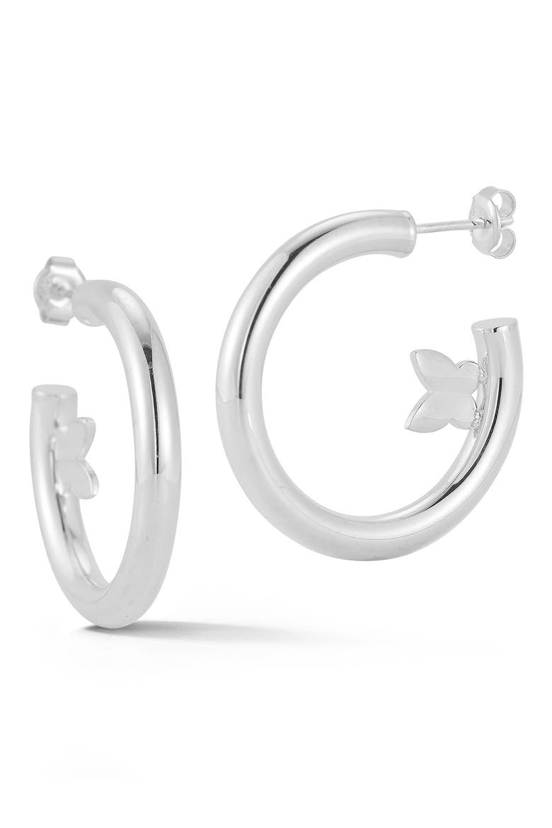 14K Gold Plate Sterling Silver Butterfly Hoop Earrings, Main, color, SILVER