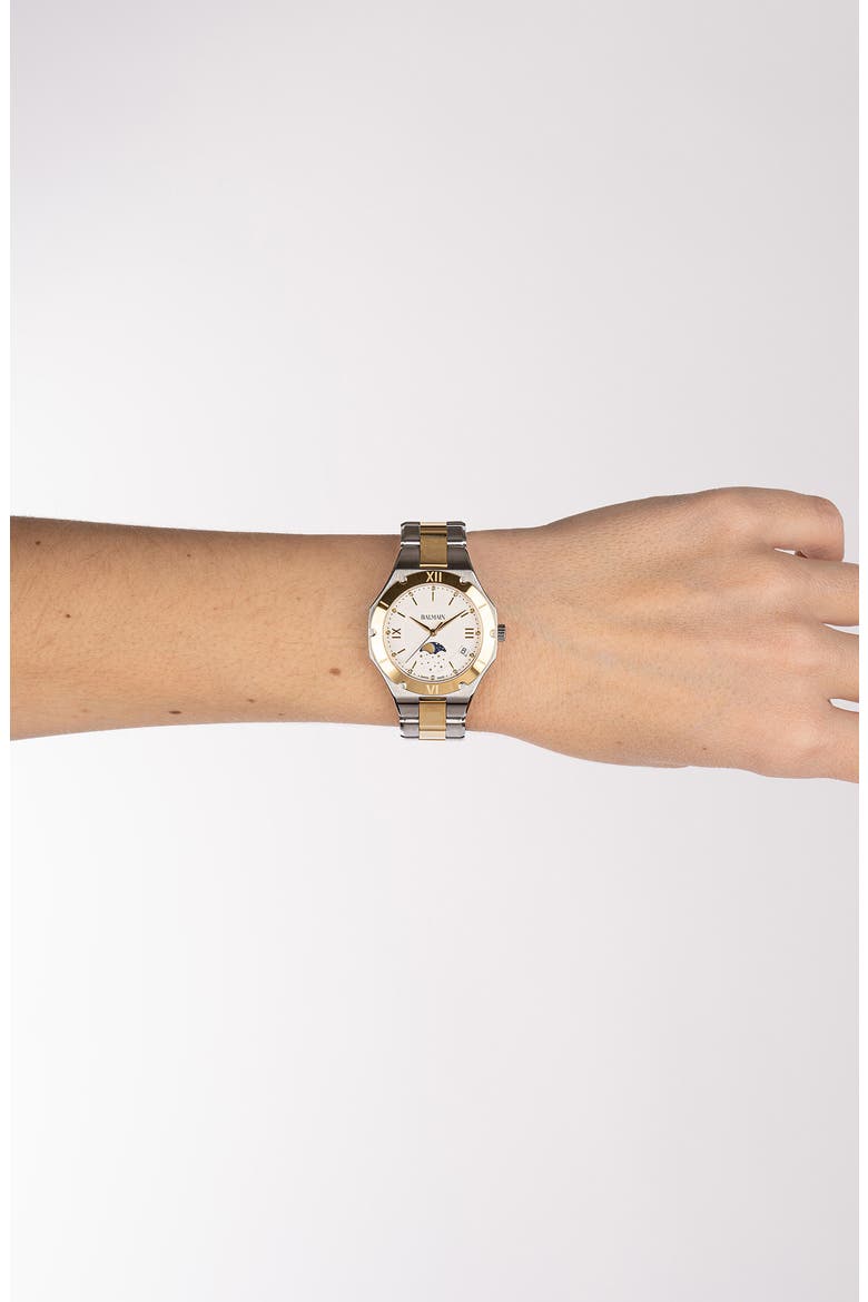 Be Balmain Diamond Moon Phase Bracelet Watch, 33mm, Alternate, color, STAINLESS STEEL/ YELLOW GOLD