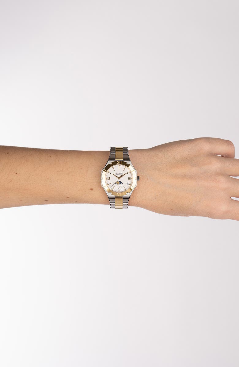 BALMAIN WATCHES Be Balmain Diamond Moon Phase Bracelet Watch, 33mm, Alternate, color, Stainless Steel/ Yellow Gold