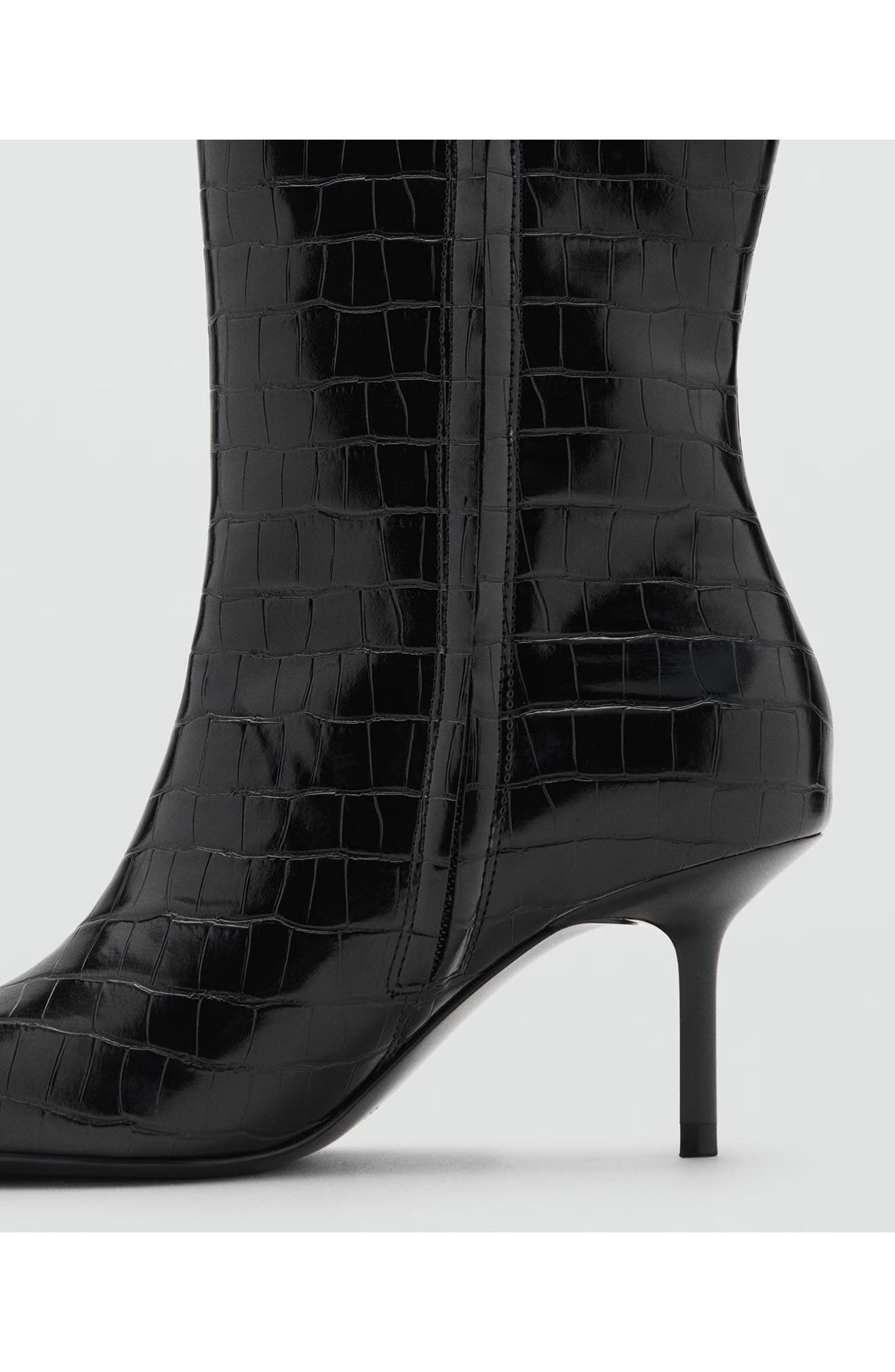 MANGO Croc Embossed Knee High Pointed Toe Boot, Alternate, color, Black