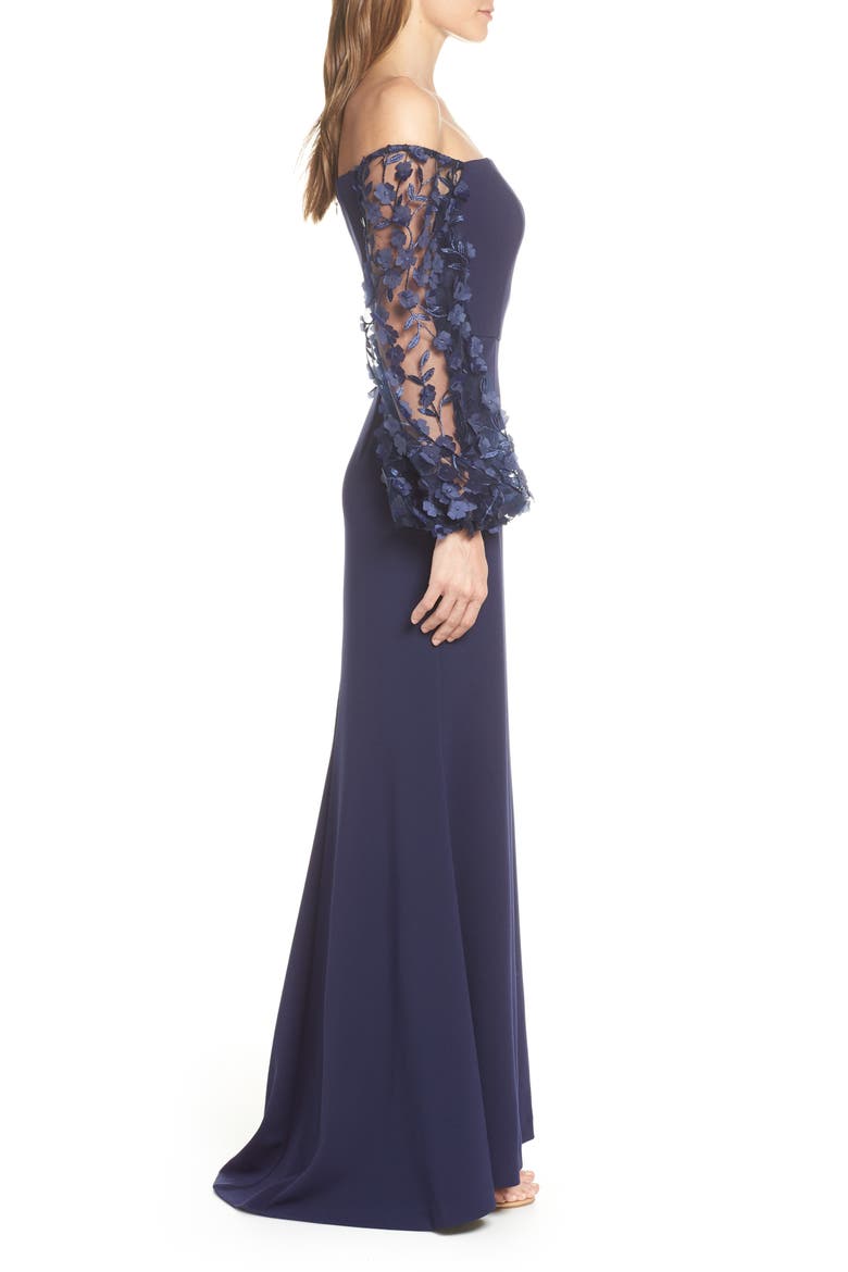 Floral Appliqué Long Sleeve Off the Shoulder Gown, Alternate, color, NAVY
