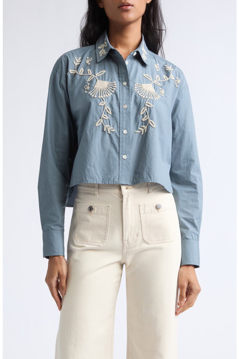 Aderes Beaded Floral Cotton Button-Up Shirt, Main, color, BLUE STEEL