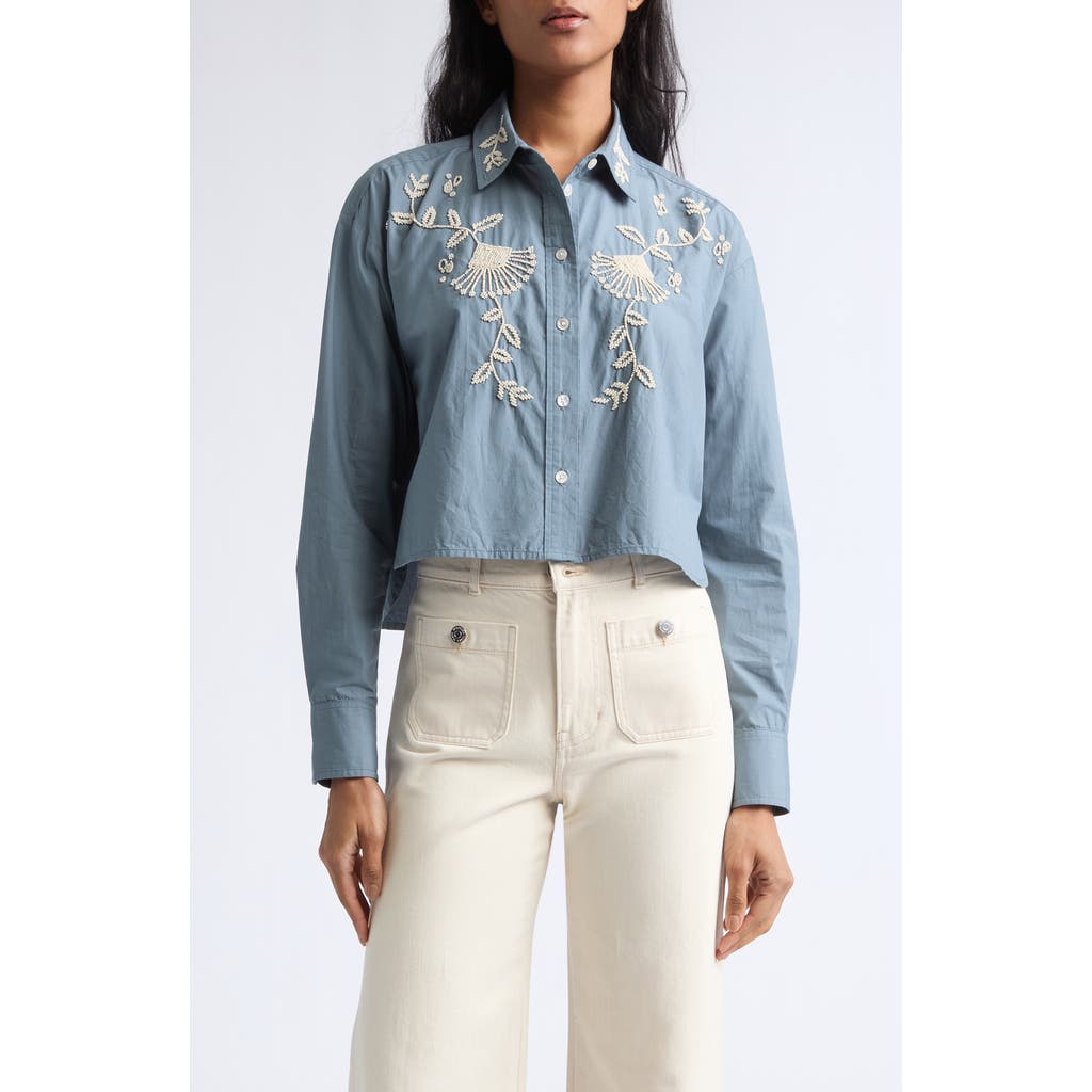 Veronica Beard Aderes Beaded Floral Cotton Button-Up Shirt in Blue Steel at Nordstrom, Size 12